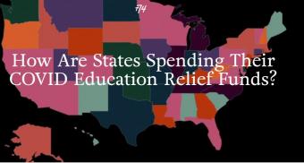 Photo of the US map with states filled in with different colors. Overlay text reads &quot;How Are States Spending Their COVID Education Relief Funds?&quot;
