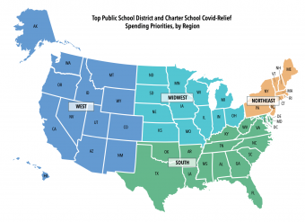 Map of the U.S. showing top public and charter school COVID-relief spending priorities by region